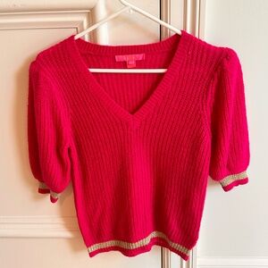 LILLY PULITZER  Pink Short Puff Sleeve Skylynn Sweater Gold Metallic Trim XS
